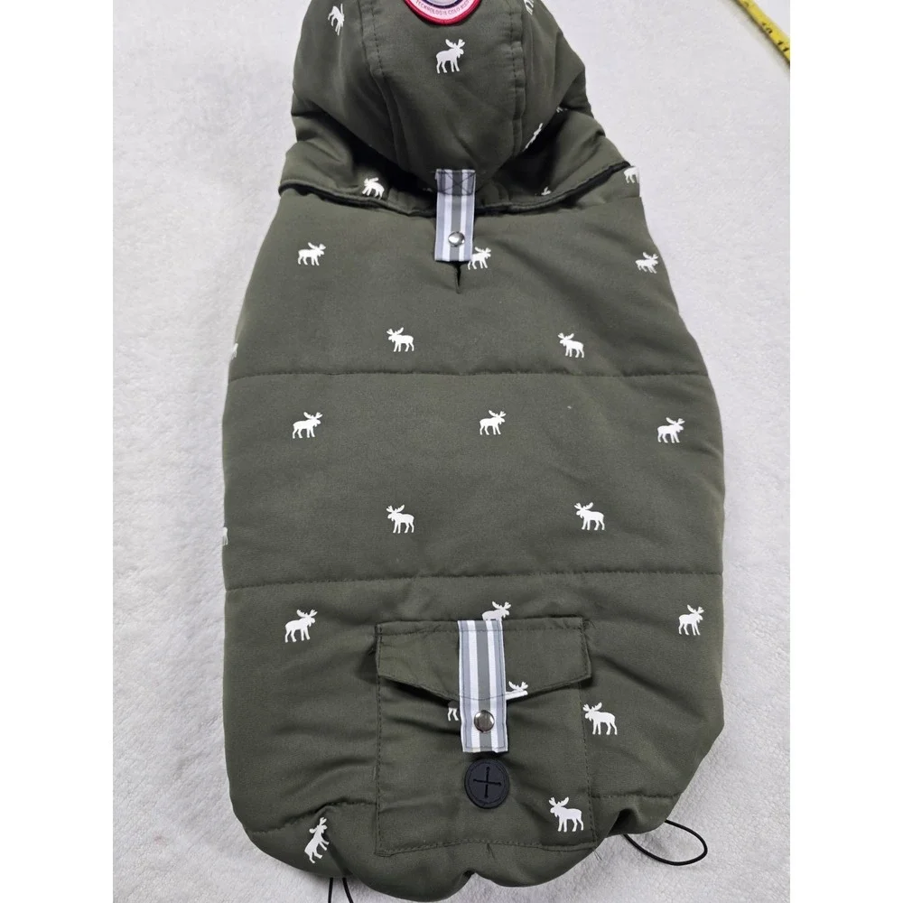 Winter Dog Vest with Hood - Green Moose Pattern, Plaid Fleece Lined, Size XL...